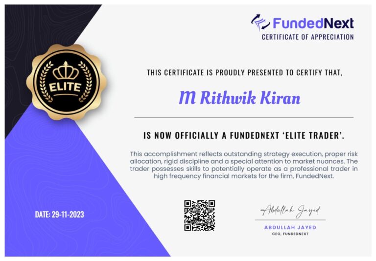 Funded trading account certificate shared by a JTA student (99)