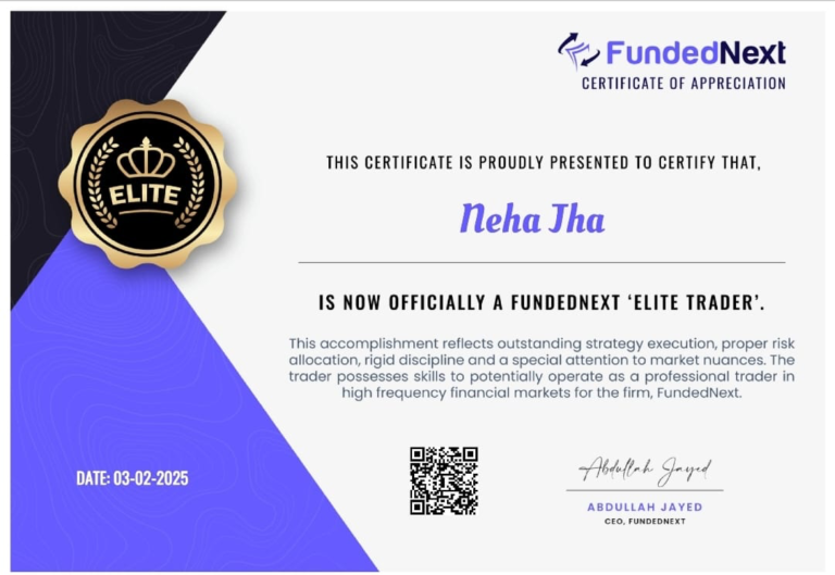 Funded trading account certificate shared by a JTA student (75)