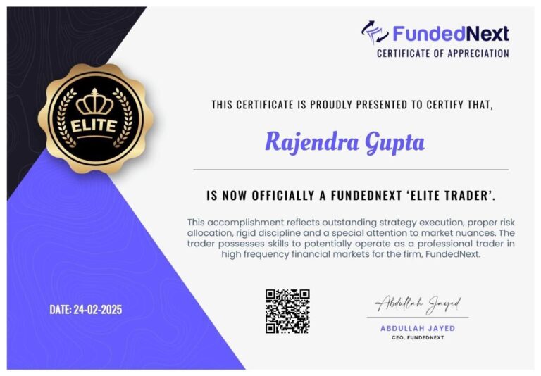 Funded trading account certificate shared by a JTA student (71)