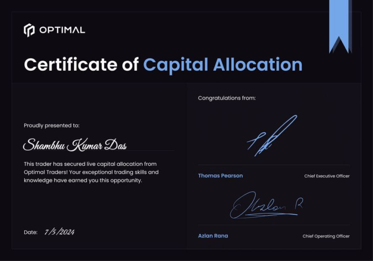Funded trading account certificate shared by a JTA student (135)