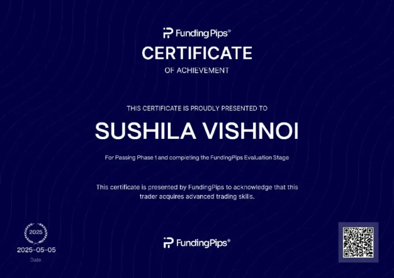 Funded trader certificate from JTA student Sushila Vishnoi