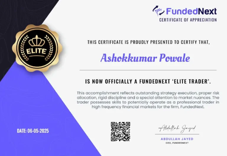 Prop firm funding certificate earned by Ashokkumar Powale, trained at JTA
