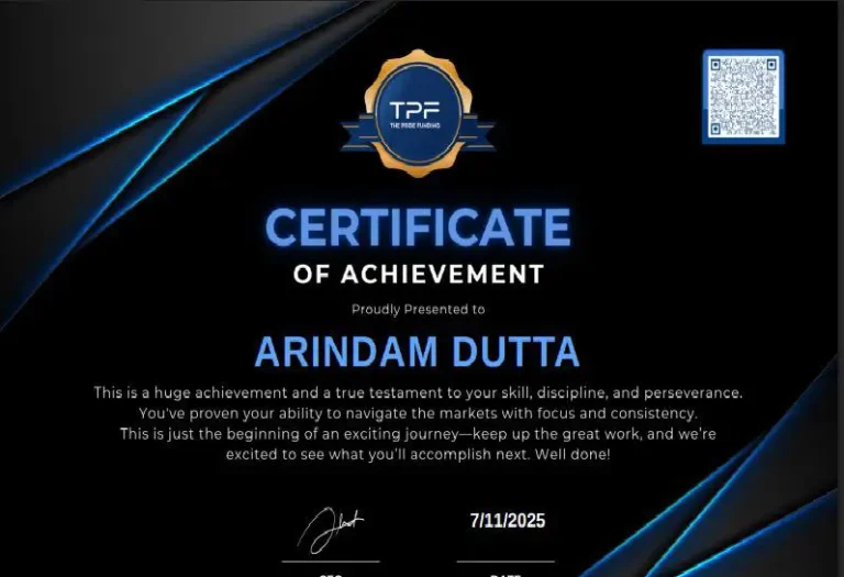 Arindam Dutta's funded prop firm account certificate – Jawaad Trading Academy student