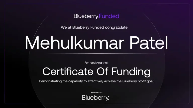 Funded trader certificate from JTA student Mehul Kumar Patel