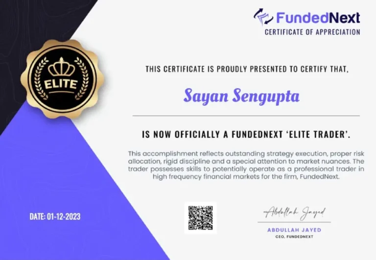 Prop firm funding certificate earned by Sayan Sengupta, trained at JTA