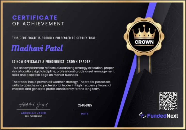 Prop firm funding certificate earned by Madhavi Patel, trained at JTA