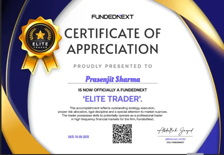 Prop firm funding certificate earned by Prasenjit Sharma, trained at JTA