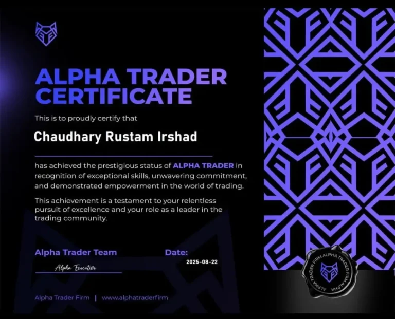 Chaudhary Rustam Irshad's funded prop firm account certificate – Jawaad Trading Academy student