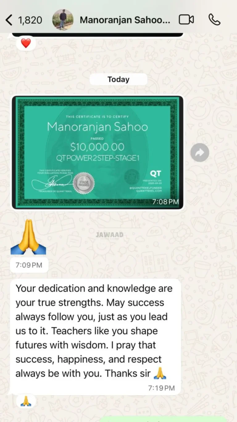 WhatsApp message from a Jawaad Trading Academy student sharing their progress (1)