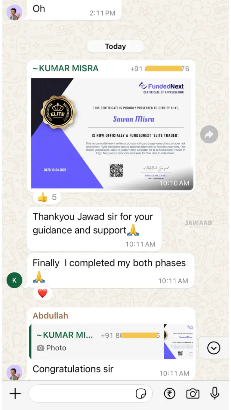 WhatsApp message from a Jawaad Trading Academy student sharing their progress (10)