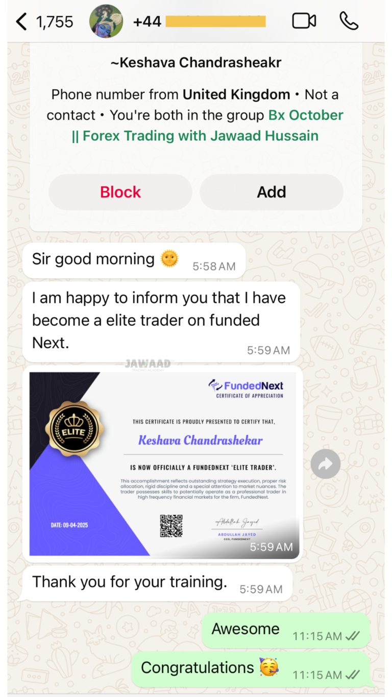 WhatsApp message from a Jawaad Trading Academy student sharing their progress (13)