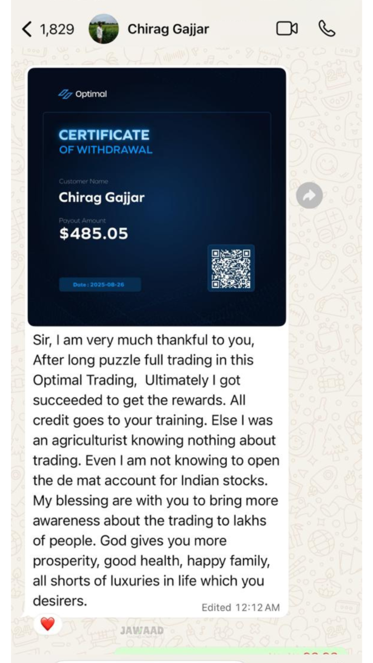 WhatsApp message from a Jawaad Trading Academy student sharing their progress (16)