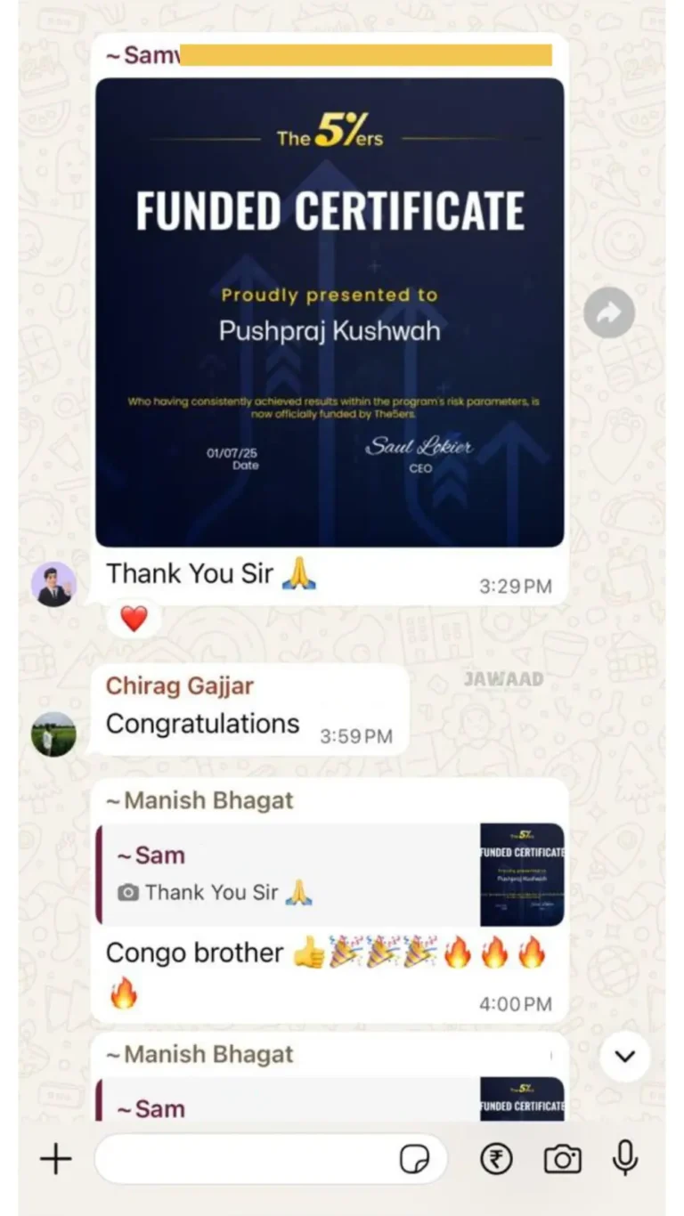 WhatsApp message from a Jawaad Trading Academy student sharing their progress (4)