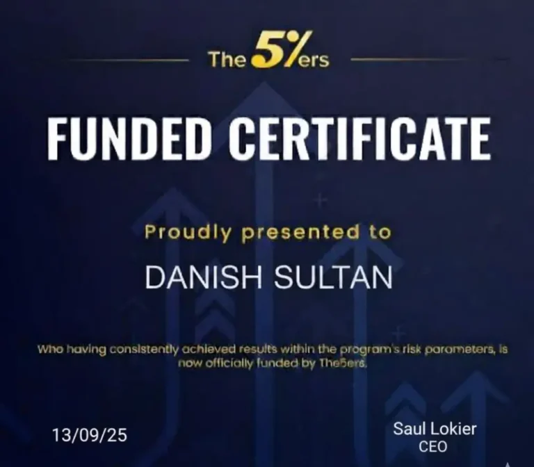 Prop firm funding certificate earned by Danish Sultan, trained at JTA