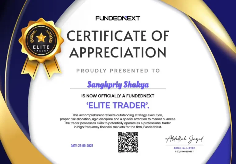 Sanghpriy Shakya's funded prop firm account certificate – Jawaad Trading Academy student