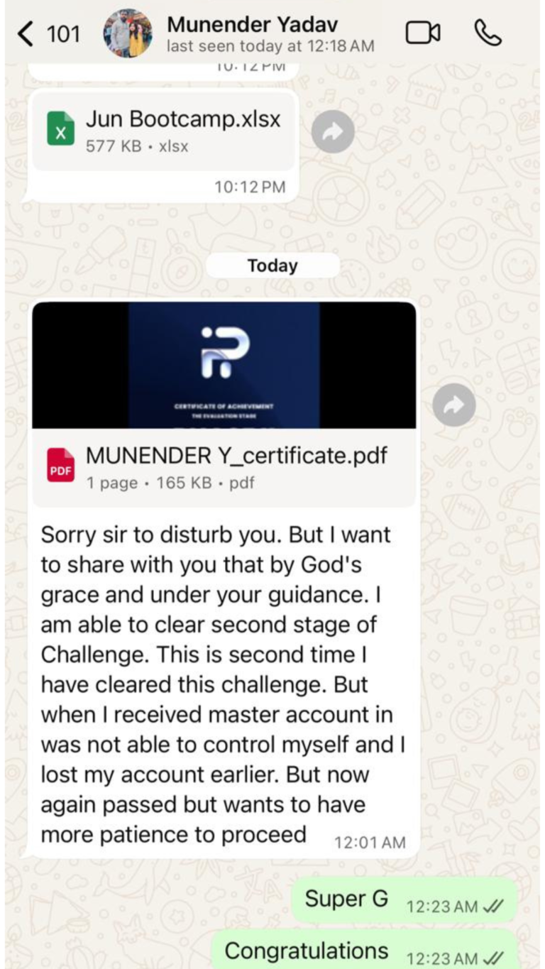 WhatsApp message from a Jawaad Trading Academy student sharing their progress (19)
