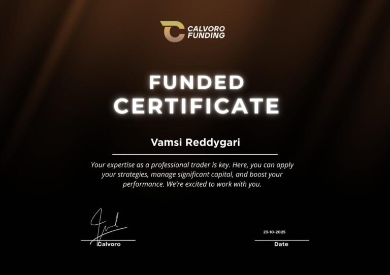 Prop firm funding certificate earned by Vamsi Reddygari, trained at JTA