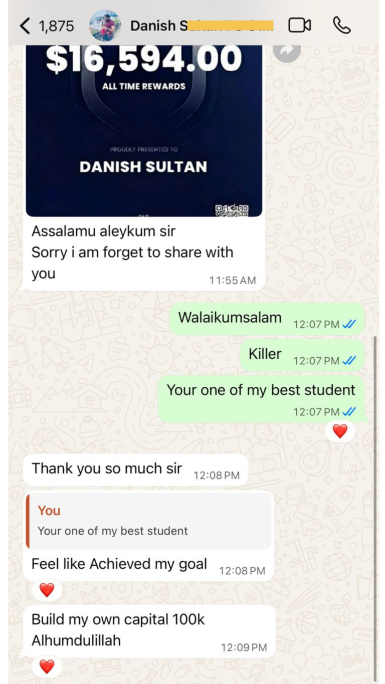 WhatsApp message from a Jawaad Trading Academy student sharing their progress (22)