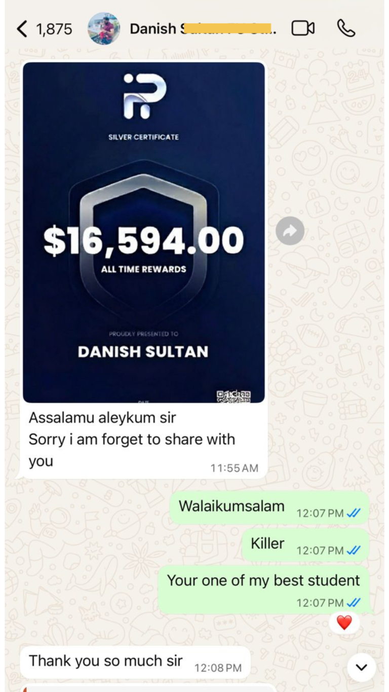 Student feedback screenshot shared with permission – JTA (chat 23)