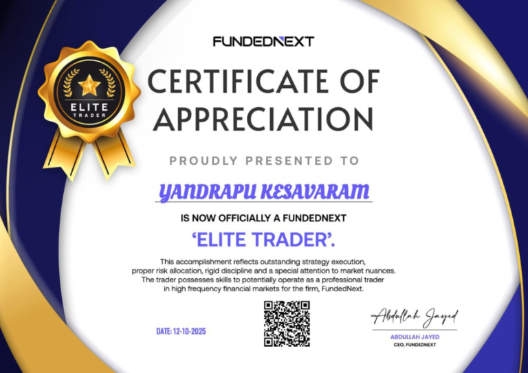 Yandrapu Kesavaram's funded prop firm account certificate – Jawaad Trading Academy student
