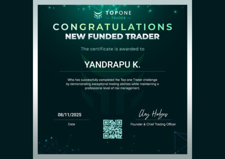 Prop firm funding certificate earned by Yandrapu K, trained at JTA