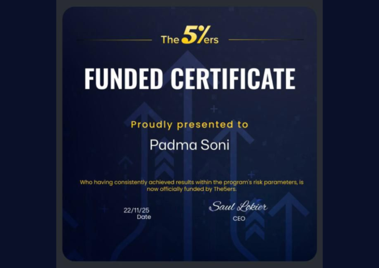 Padma Soni's funded prop firm account certificate – Jawaad Trading Academy student
