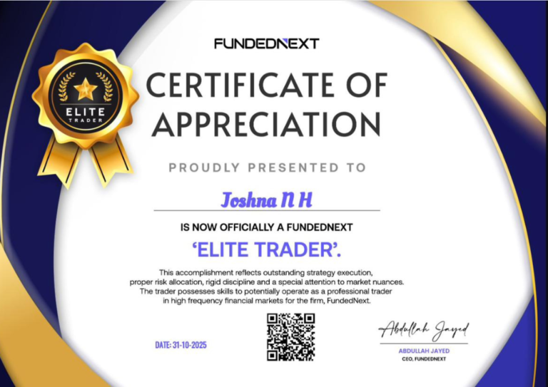 Prop firm funding certificate earned by Joshna NH, trained at JTA