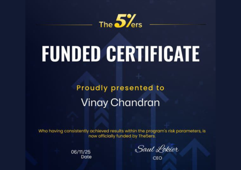 Funded account approval for Vinay Chandran after passing a prop firm evaluation