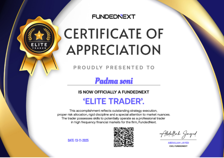 Funded trader certificate from JTA student Padma Soni