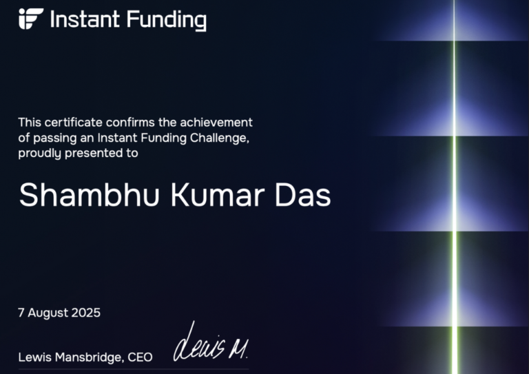 Shambhu Kumar Das's funded prop firm account certificate – Jawaad Trading Academy student