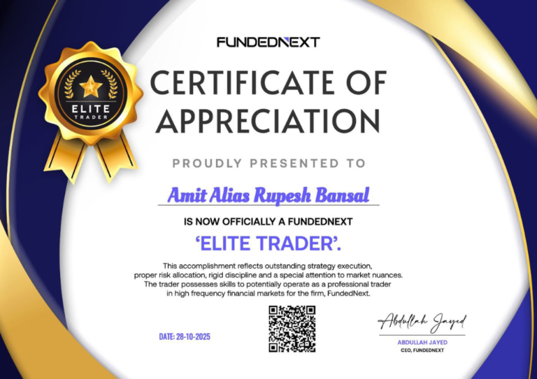 Funded trader certificate from JTA student Amit Alias Rupesh Bansal