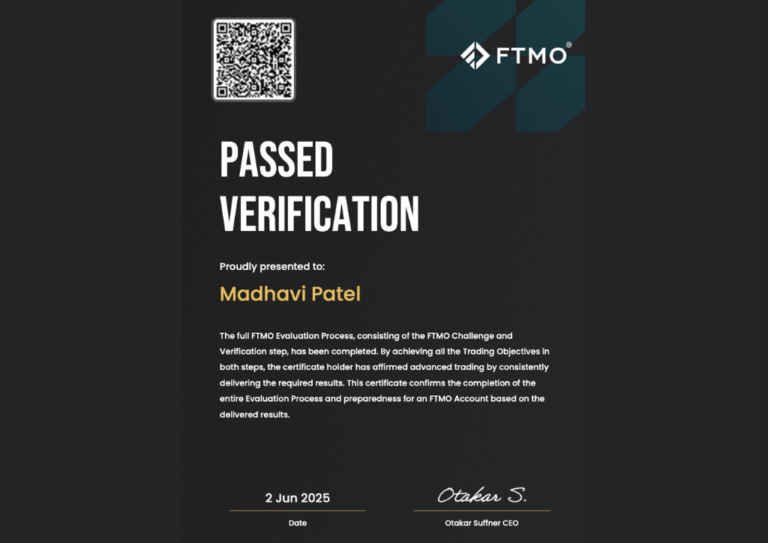 Madhavi Patel's funded prop firm account certificate – Jawaad Trading Academy student