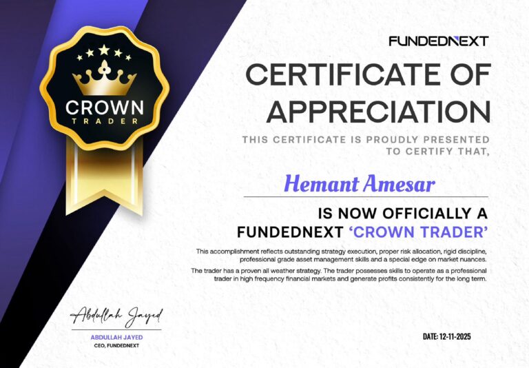 Funded trader certificate from JTA student Hemant Amesar