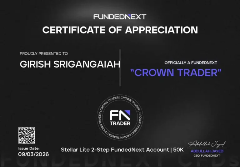 Prop firm funding certificate earned by Girish Srigangaiah, trained at JTA