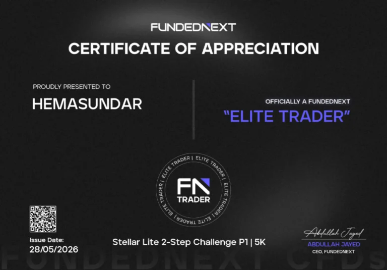 Funded trader certificate from JTA student Hemasundar