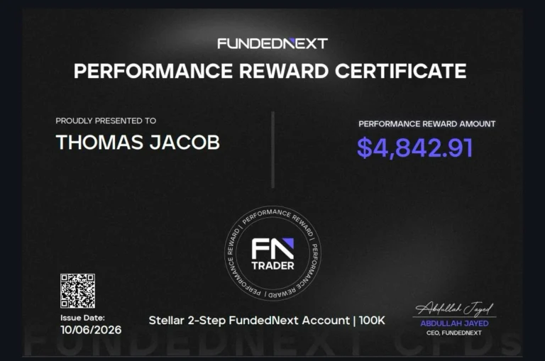 Thomas Jacob's prop firm profit share certificate – JTA student